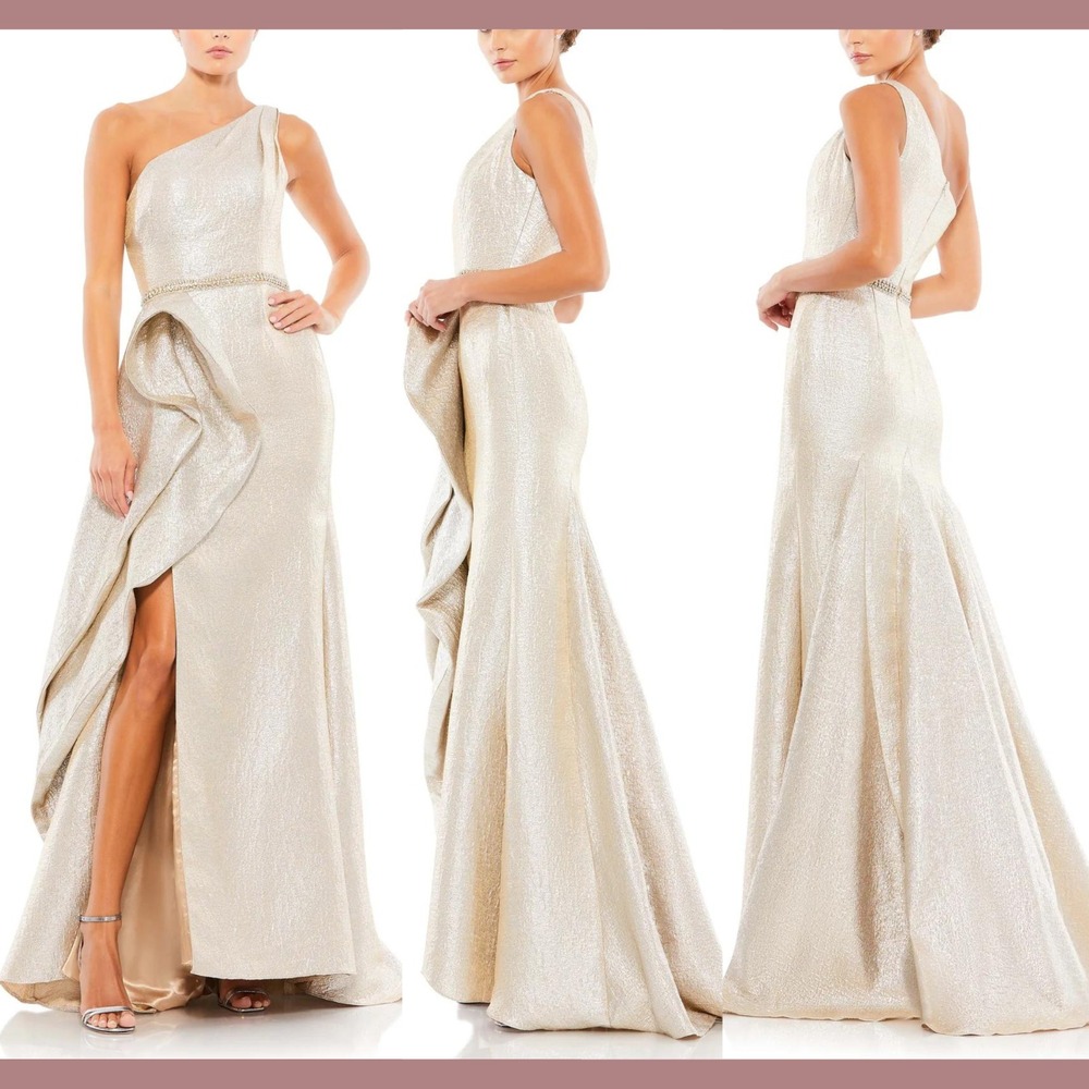 NWT Mac Duggal [ 2 ] 66975 One Shoulder Metallic Ruffle Gown Oyster J1620‎
